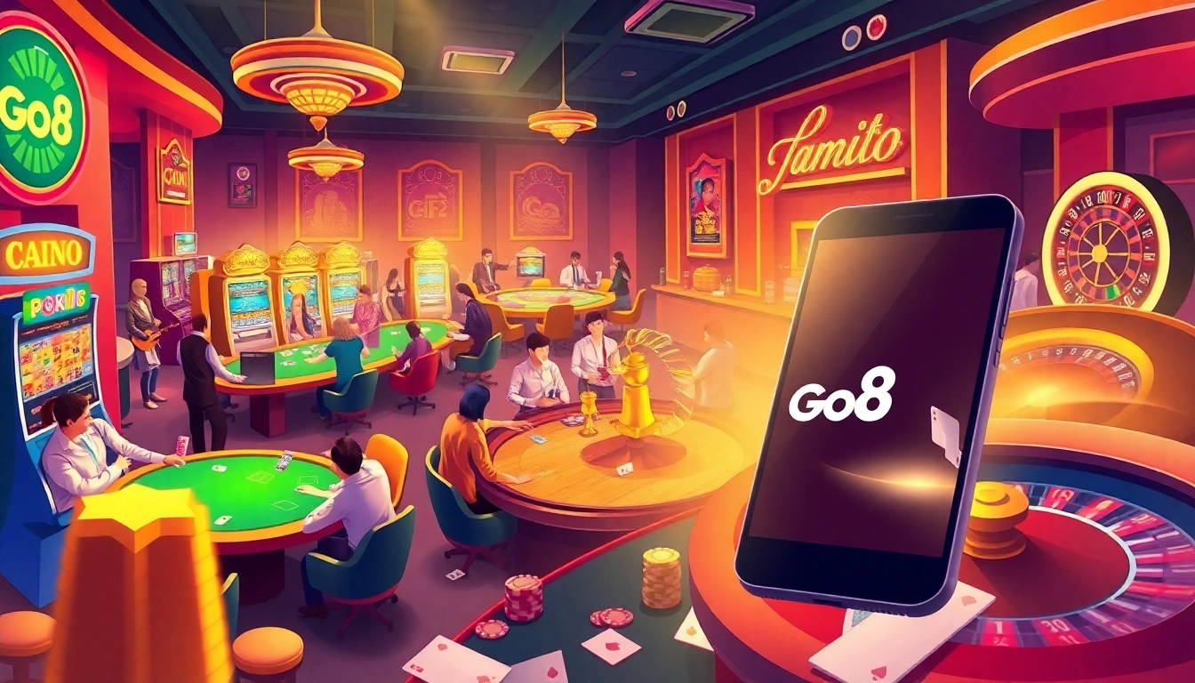 Engaging scene featuring cổng game Go8 with players at casino tables, vibrant slot machines, and roulette wheel highlighting gambling excitement.