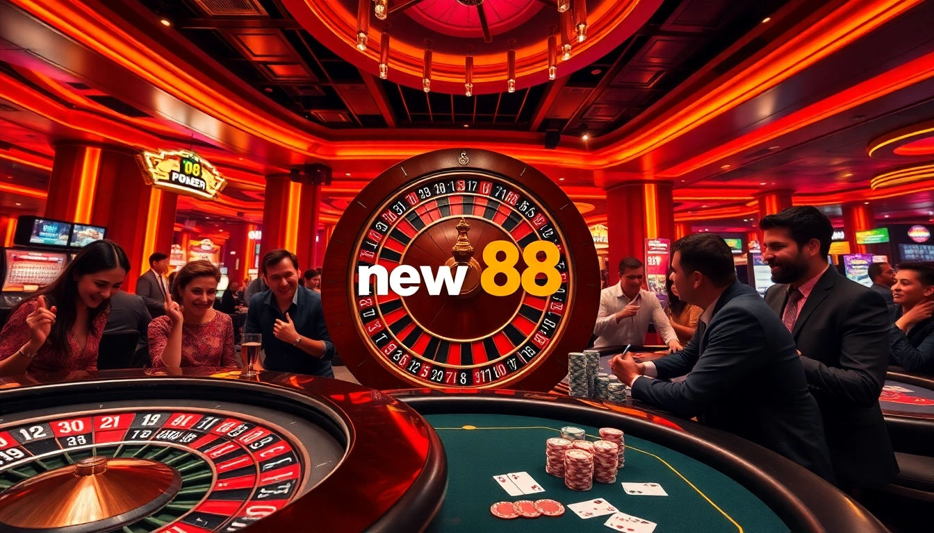 Players at a casino table celebrating their wins and enjoying new 88 experiences with vibrant lights and atmosphere.