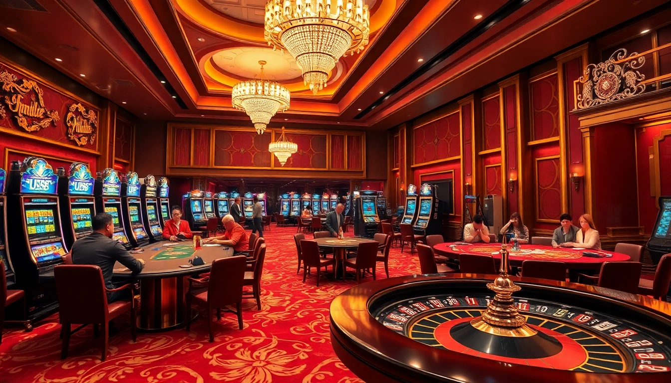 Experience the thrilling environment of Trang Chủ UU88, where players engage at vibrant casino tables surrounded by exciting slot machines.