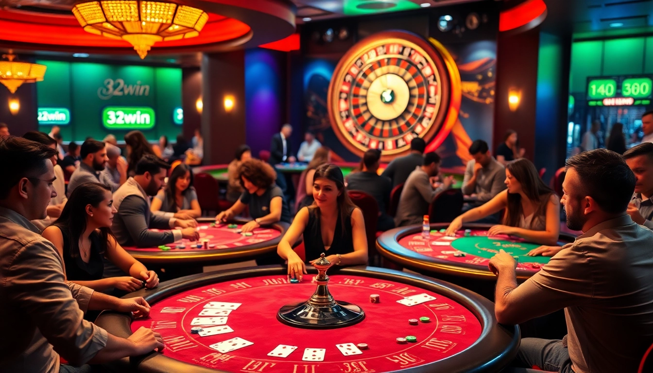 Capture the thrill of gaming at 32win.com with players at poker tables and a spinning roulette wheel.