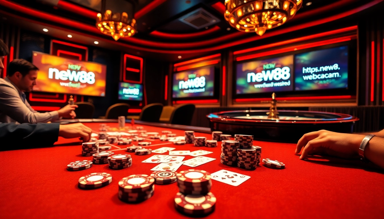 Players strategizing at a high-stakes poker table featuring https://new88.webcam/ with vivid chips and cards.