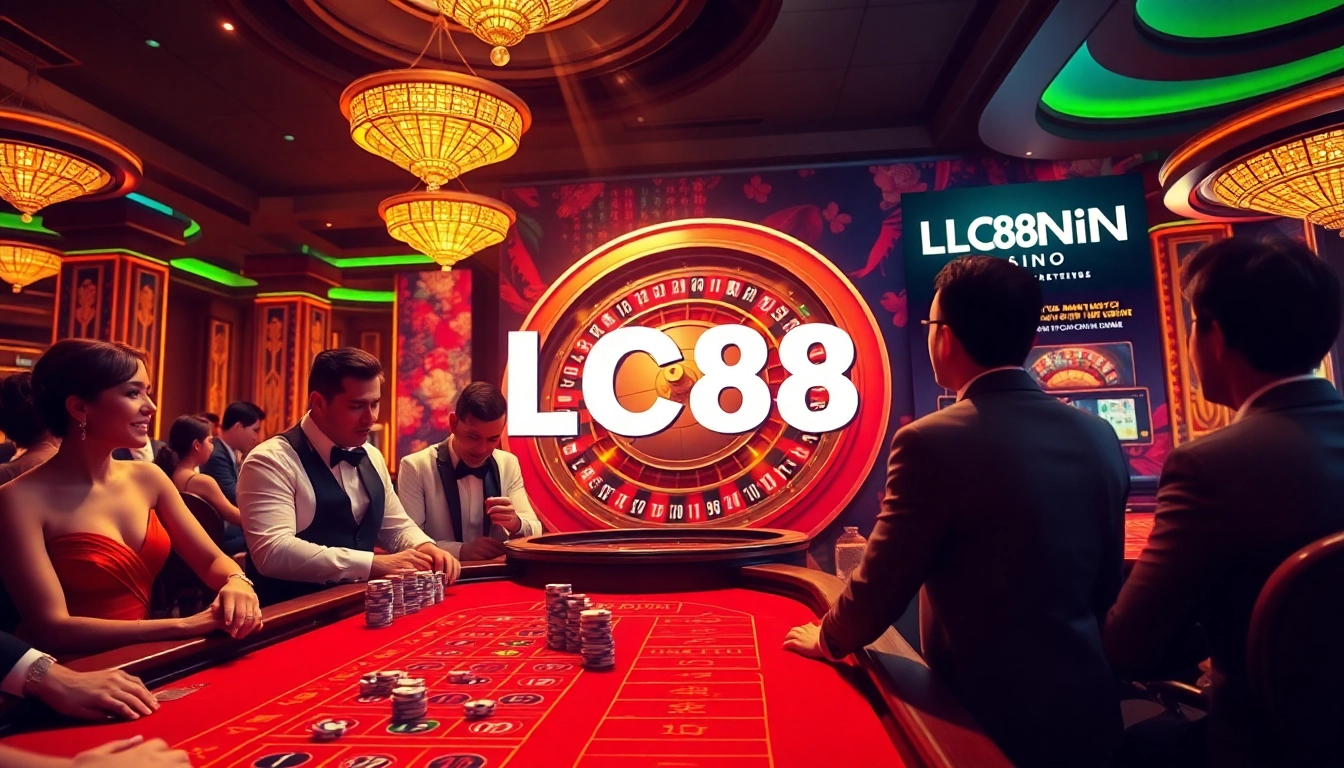 Experience the thrill of the casino with LC88 LINK, showcasing players at a vibrant baccarat table.